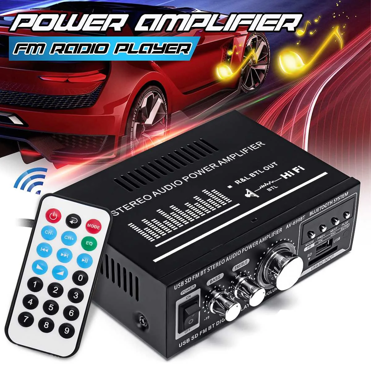 

DC 12V/AC 110V Car bluetooth Audio Amplifier HiFi Stereo Home Radio Amplifier 180W+180W FM SD U-disk MP3 Music Player