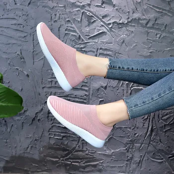 

2019 New Female Vulcanized Shoes Casual Women Sneakers Slip On Ladies Flat Shoe Mesh Trainers Walking Footwear Zapatos Mujer
