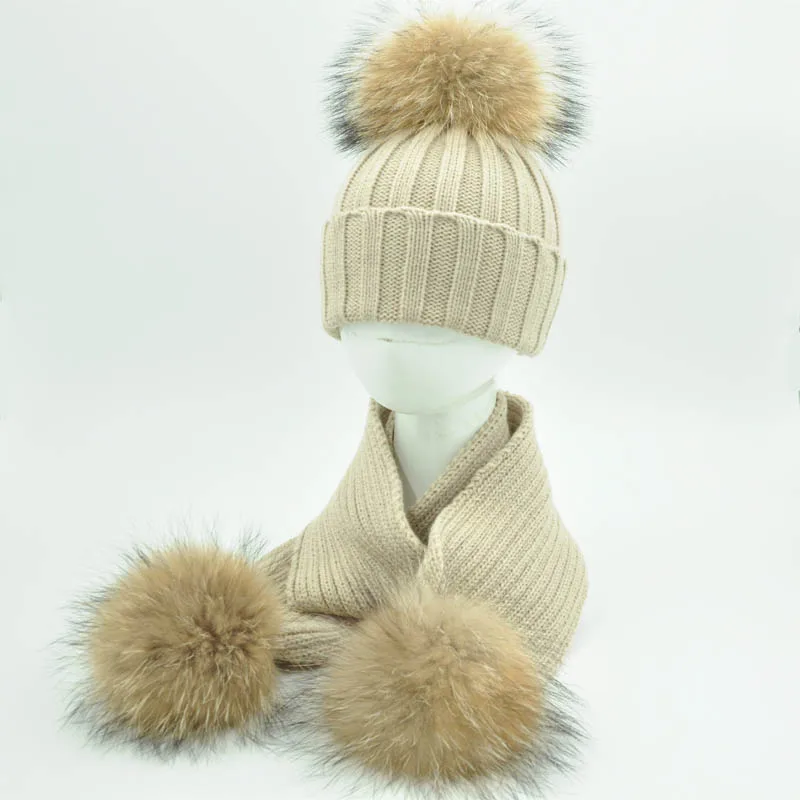 Jaxmonoy Baby Hat and Scarf Set Thick Stretchy Knitted Beanie for Boys and Girls Real Raccoon Fur Pom Pom Winter Hats for Kids