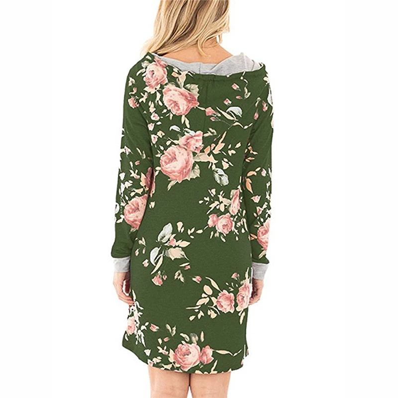 Womens Floral Hooded T-shirt Dress Ladies Long Sleeve Casual Holiday Short Dress