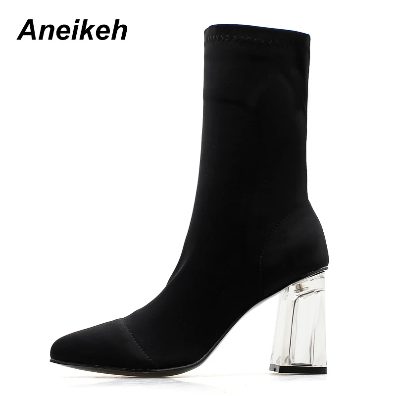 

Aneikeh Thick Heel High Heels Shoes Women's Boots Pointed Toe Yarn Elastic Ankle Boots Female Transparent Heel Boots Black Pump