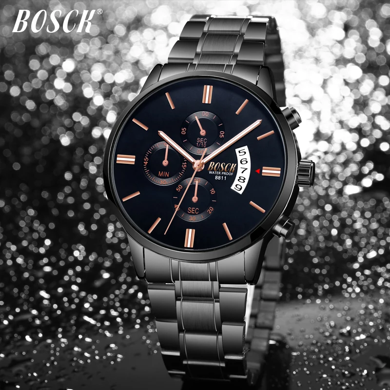 

BOSCK Fashion Men Watches Top Brand Luxury Stainless Steel Waterproof Wristwatch Black Watches Reloj Hombre Sports Army Watch