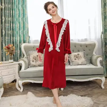 

2019 winter New palace style thicken Silver fox velvet sleep dress female o-neck long sleeve lace patchwork Nightgowns gx1330