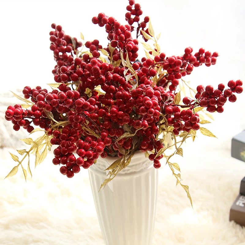 

1PC Vivid Red Artificial Flowers Christmas Fruit Berries Beans For Valentine's Day gift Wedding Home Party new yaer Decoration