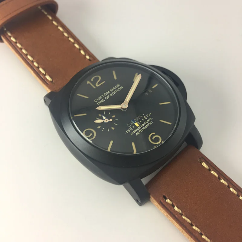 

Men Automatic Mechanical Watch 47mm Leather Strap Luminous Power Reserve PVD Case Military Waterproof Watch