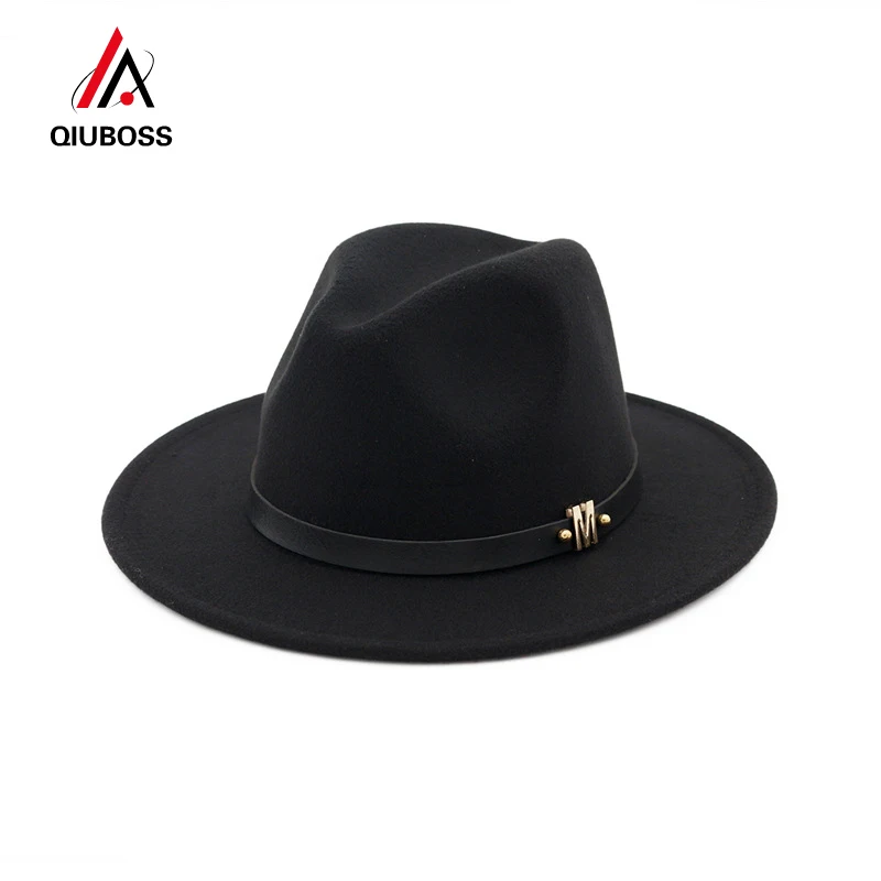 

QIUBOSS Men Women Wool Panama Felt Hat Wide Brim Jazz Fedora Hats Black M Letter Leather Band Decorated Formal Hat Trilby QB03