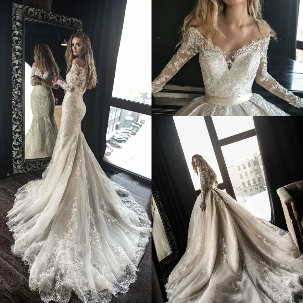 

Dubai Lace 2 Pieces Wedding Gowns 2018 With Puffy Detachable Train Vintage Abiye Full Sleeves Bridal Dresses Robe De Mariee
