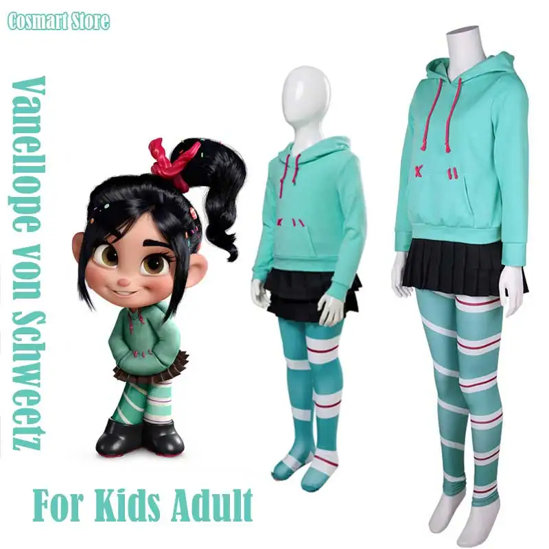 

Movie Breaks Internet:Wreck-It Ralph Vanellope von Schweetz Cosplay Costume Hoodies Skirt Pantyhose Full set for Kids Adult