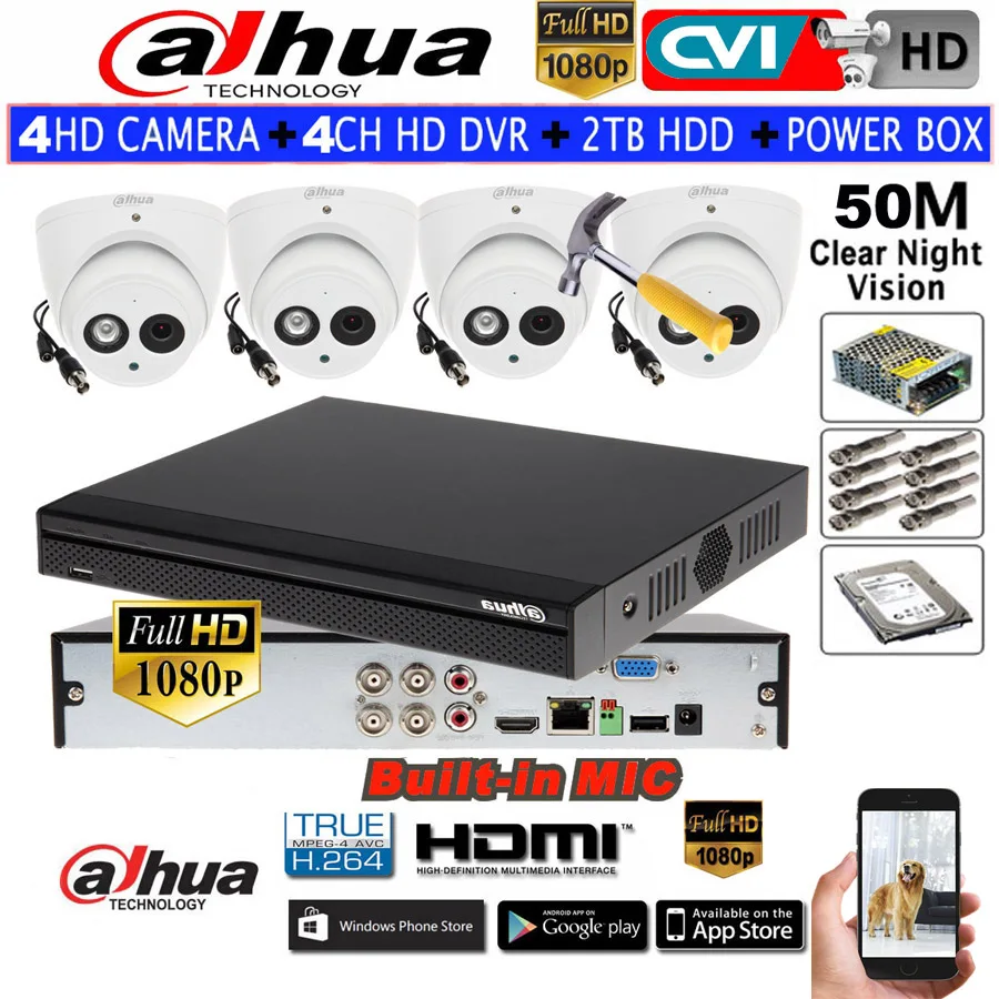  Cámara domo de seguridad Dahua 2MP Built-inMic HDW1200EMP-A IR Cámara impermeable 4CH HCVR5104HS-S3