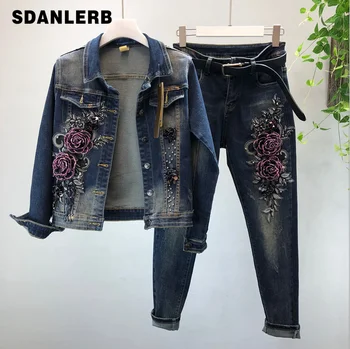 

2019 Autumn Winter Woman Long-sleeved Denim Jackets Embroidered Coat + Dark Blue Retro Jeans Two Piece Slim Pencel Pants Set