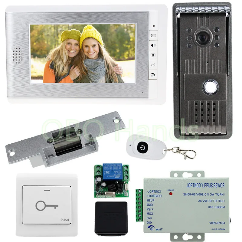 

New 7'' color video monitor + IR night vision camera doorbell video door phone intercom system with electric lock+power supply