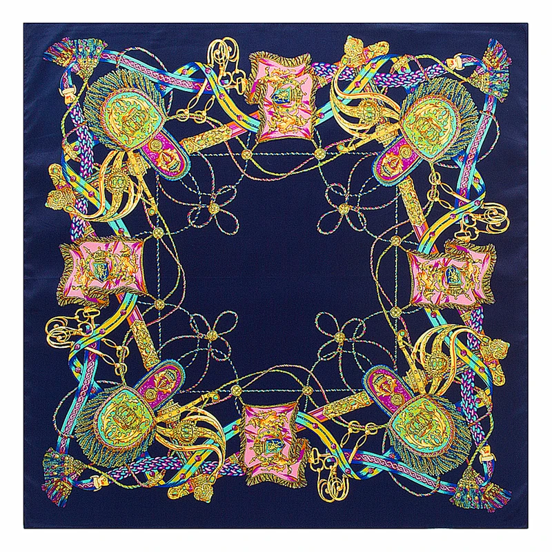 

[POBING]100% Silk Women Square Tassel Scarf Spain Chain Printed Lady Brand Wraps High Quality Shawls Office Female Foulard 60cm