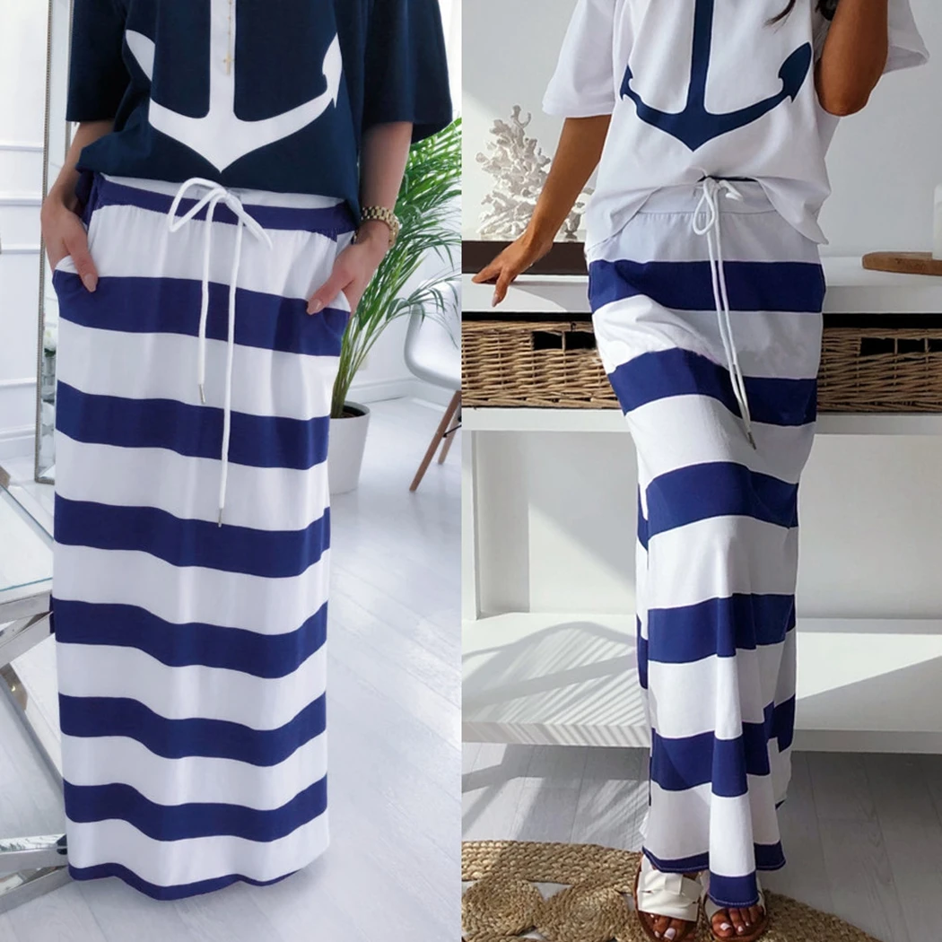 Повседневные синие и белые полосатые юбки для женщин с высокой талией и завязками юбка с карманами летние женские свободные прямые длинные юбки Jupe Femme