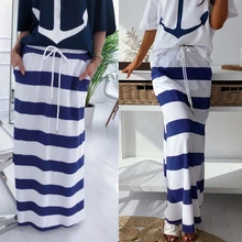 Повседневные синие и белые полосатые юбки для женщин с высокой талией и завязками юбка с карманами летние женские свободные прямые длинные юбки Jupe Femme