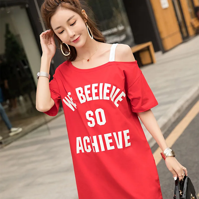 

Women Summer Clothes 2019 Plus Size T-shirt Short Sleeve Loose Dress Off Shoulder Fashion Top Korean Version Long Cotton T-shirt