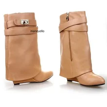 Уникальный дизайн; Шикарные ботильоны черного цвета с перевернутыми краями и пряжкой; модные женские ботинки на танкетке с боковой молнией; Лидер продаж; обувь с острым носком