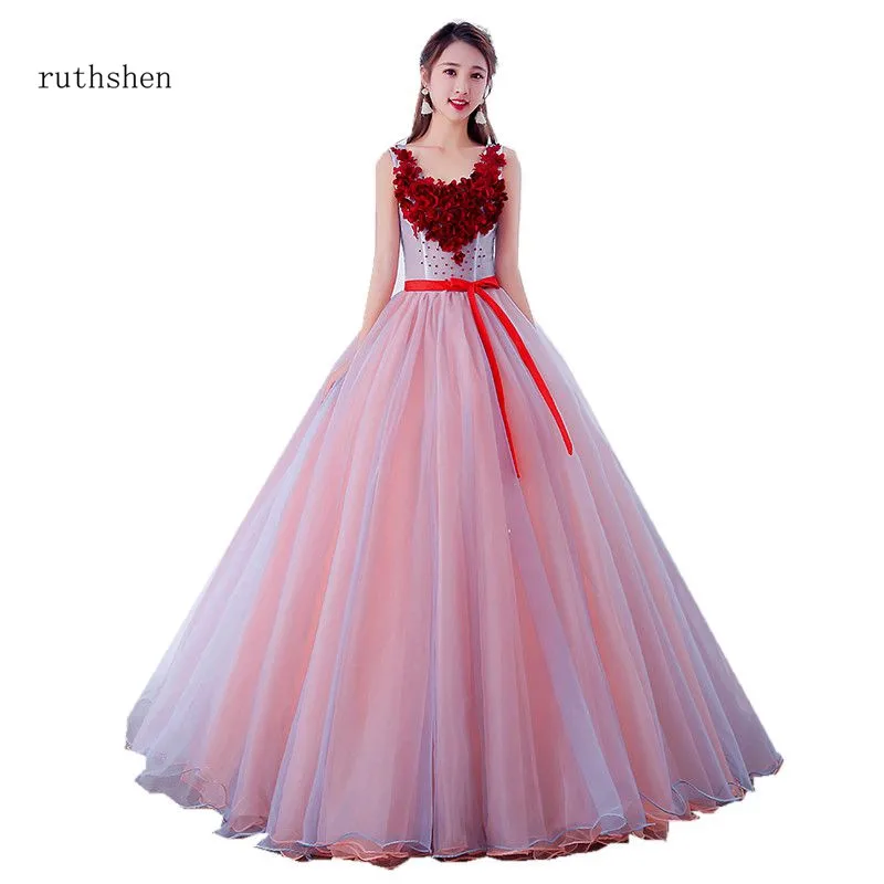 Ruthshen Vestidos De Debutantes 15 Anos красный Цветы оформление Пром бальное платье платья Quinceanera