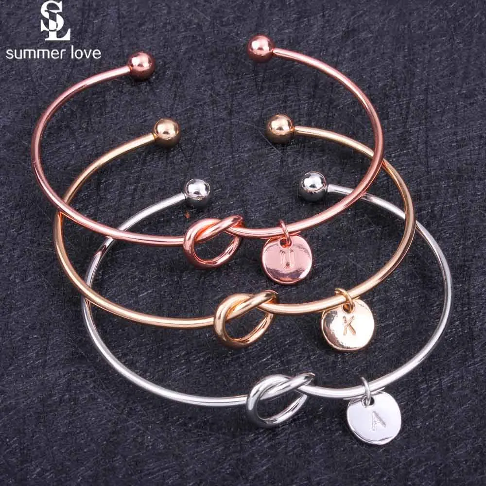 

5PCS Wholesale Knot Initial Bangles 2019 A-Z 26 Letters Round Charm Open Cuff Bracelet for Women Jewelry Love Bridesmaid Gift