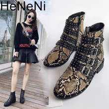 women Rivets PU Snake print Booties Buckle Straps Thick Heel Black Ankle Women Boots shoes Studded Decorated Boots Motorcycle 42 red ankle boots studded rivets military boots designer shoes women luxury 2018 short combat cowboy boots womens buckle strap