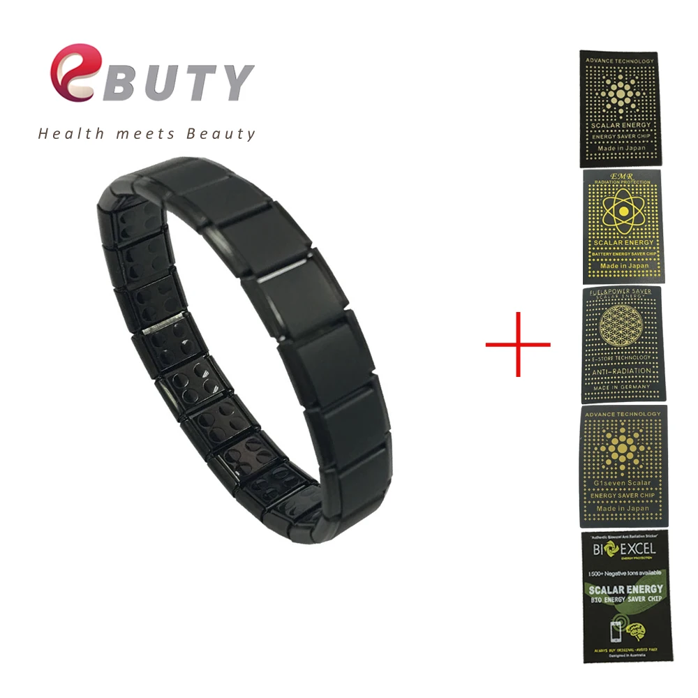 EBUTY черные мужские браслеты из нержавеющей стали, энергетический спортивный браслет, модный подарок для здоровья+ анти-Радиационная наклейка для мобильного телефона