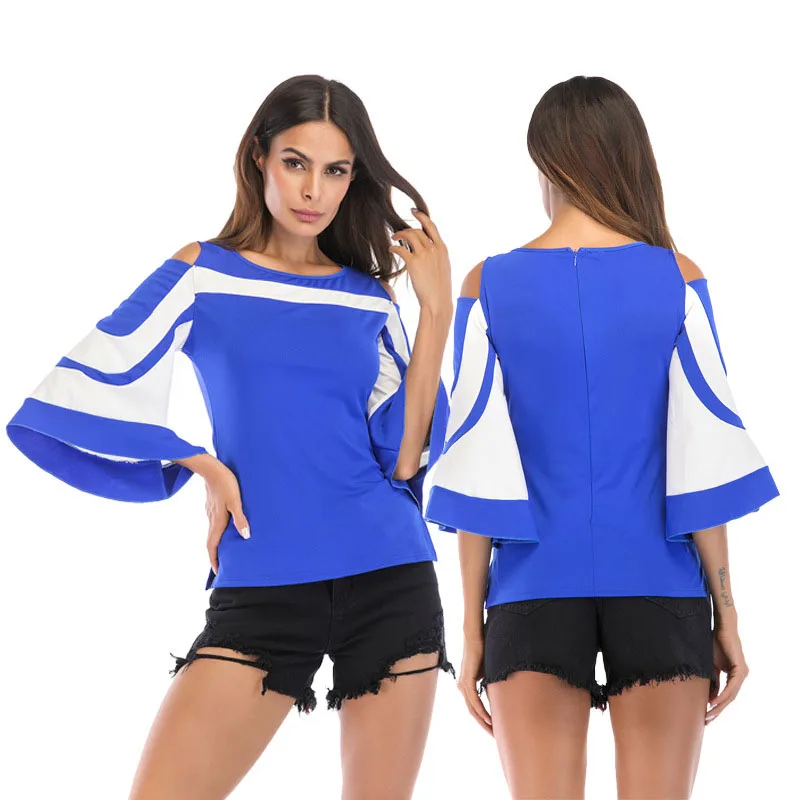 

Women's Tops Retro Round Neck Color Matching Shoulder Trumpet Sleeves Back Zip Explosion T-shirt 2019 Summer