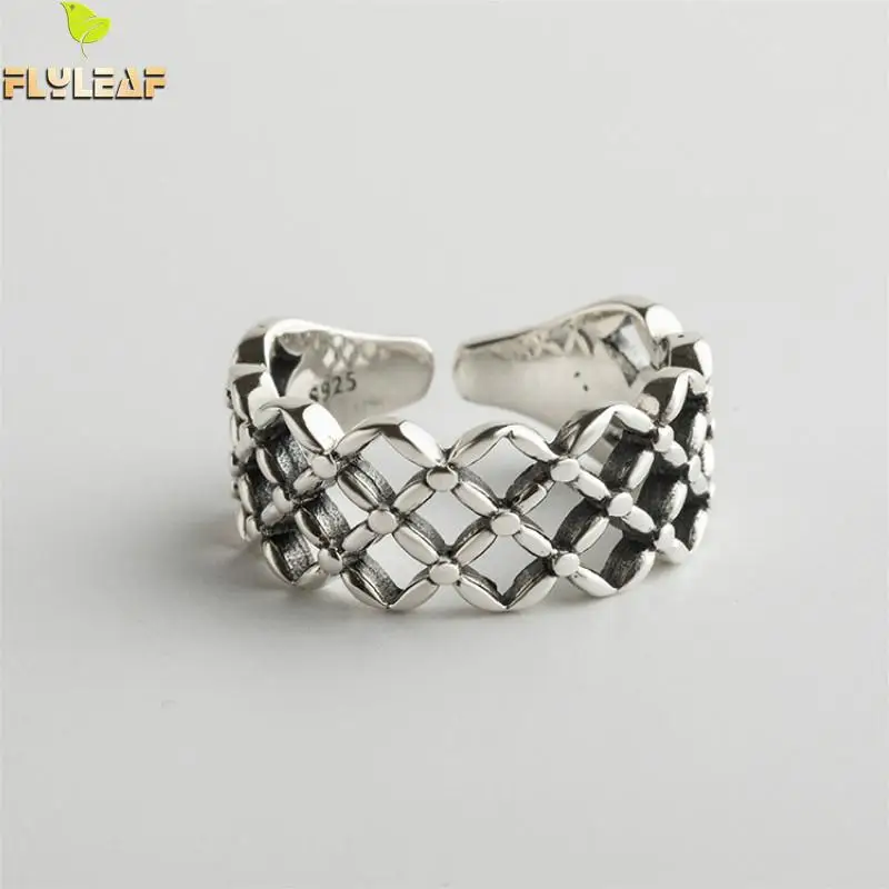 

Flyleaf Openwork Grid Flower Open Ring 100% 925 Sterling Silver Rings For Women High Quality Lady Fine Jewelry Vintage Ins Style