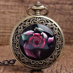 Новое поступление Прохладный Бронзовый красный красивые цветы кварцевые карманные часы Подвеска Брелок с цепью Для женщин Для Мужчин
