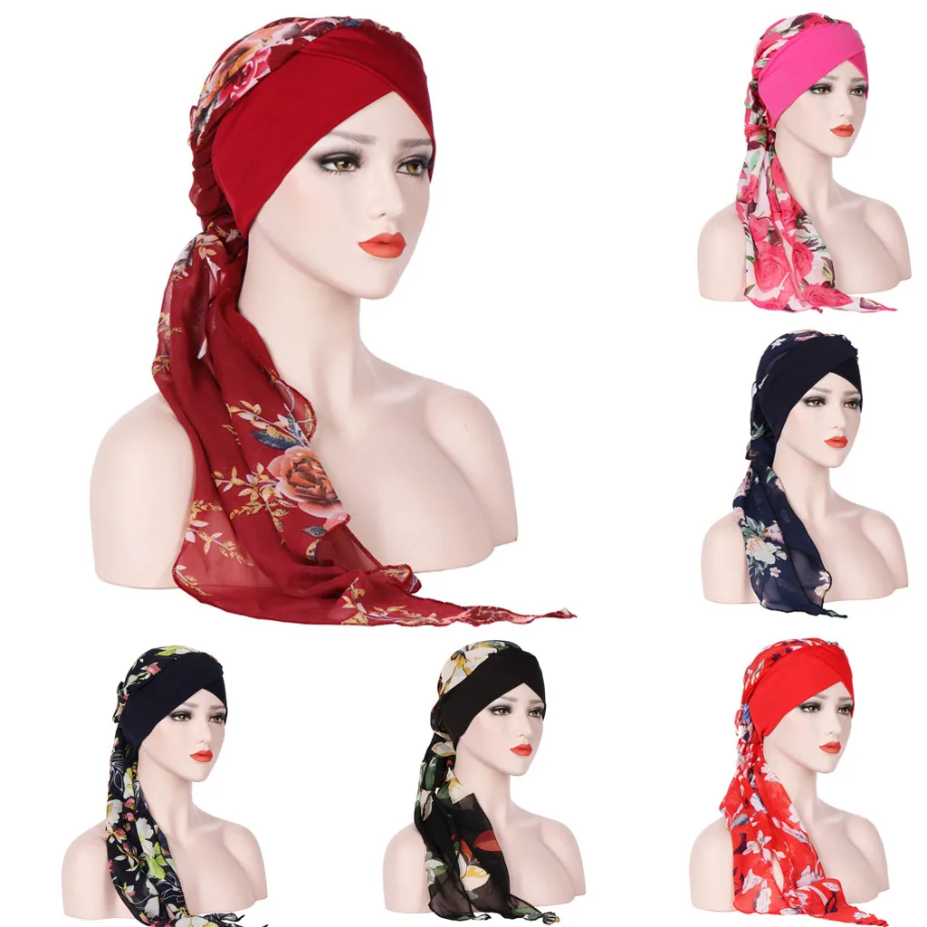 

Turban Cap For Women Cancer Head Wrap Scarf Flower Stretch Head Casual Chemo Hair Loss Women Bandana Muslim Hats