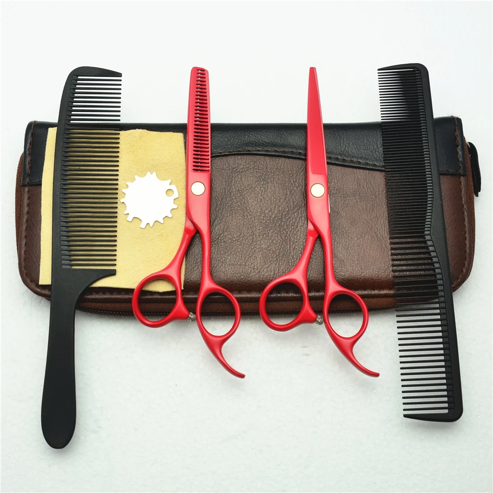

4Pcs/Set 5.5'' Customized Logo Red JP 440C Professional Human Hair Scissors Hairdressing Combs + Cutting + Thinning Shears C1023