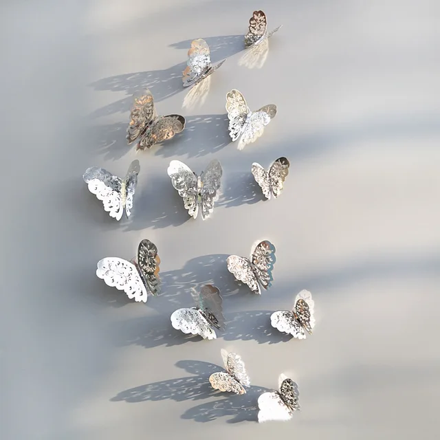 12Pcs 3D Hollow Butterfly Wall Sticker For Home Decoration DIY Wall Stickers For Kids Rooms Party Wedding Decor Butterfly Fridge silver1
