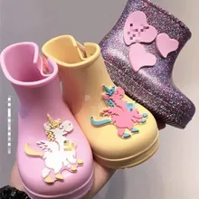 Детские осенне-зимние непромокаемые сапоги; модная детская водонепроницаемая обувь с единорогом; детские сапоги для девочек; зимние плотные SH19072