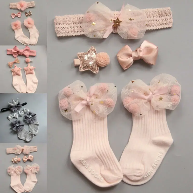 Кружевные носки-пачки с оборками для новорожденных девочек Нескользящие носки принцессы с оборками+ повязка на голову+ комплект заколок для волос из хлопка с милой короной