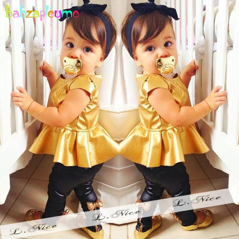 

2PCS/0-5Years/Spring Summer Baby Girls Clothes Kids Suits Gold T-shirt+Black Pants Toddler Costume Children Clothing Sets BC1124