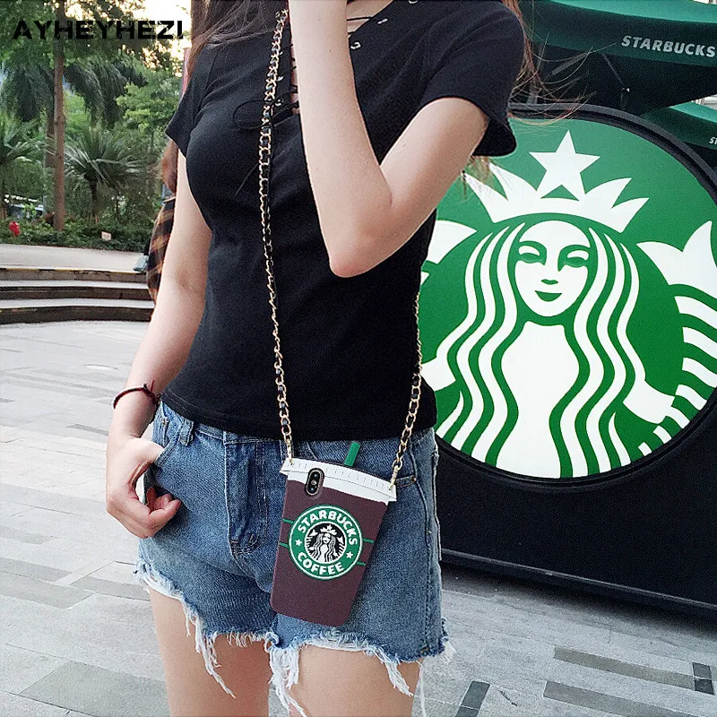 

Silicone Gel Coffee Cup Cute Crossbody Phone case cover with strap long chain necklace for iphone XS X 6S 6 7 8 plus Cover Case