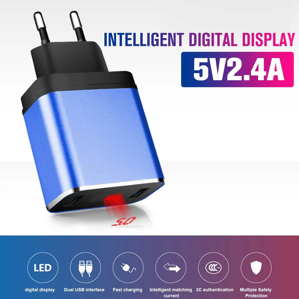 Двойное зарядное устройство USB, портативное, 5 В, 2,4 А, быстрая безопасная зарядка, светодиодный дисплей, настенное зарядное устройство, адаптер для мобильного телефона, планшета, электронных устройств