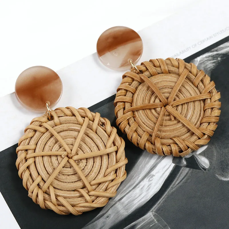 27 Style Korea Handmade Wooden Straw Weave Rattan Vine Braid Drop Earrings - Image 5