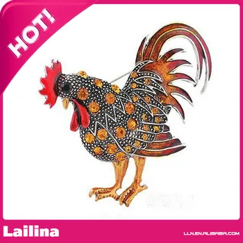 

Painted Metal Clear Crystal Rhinestone Fighting Morning Rooster Cock Pin Brooch