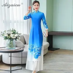 Весна Лето Новые свободные длинные Cheongsam синий цветной шифоновый Qi Pao платья оригинальный женское китайское традиционное платье Qipao