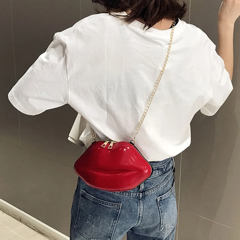 Women Red Lips Clutch Bag Ladies Pu Leather Chain Shoulder Bag Bolsa Evening Bag Lips Shape Purse