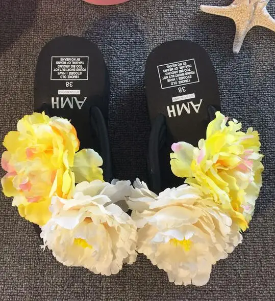 HAHAFLOWER/модные богемные пляжные шлепанцы на танкетке с цветочным узором и бусинами; женские летние шлепанцы; сандалии