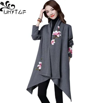 

UHYTGF Autumn Trench Coat for Women Fashion Embroidery Cardigan Long Outerwear Retro long sleeve Plus size Windbreaker Coats 854
