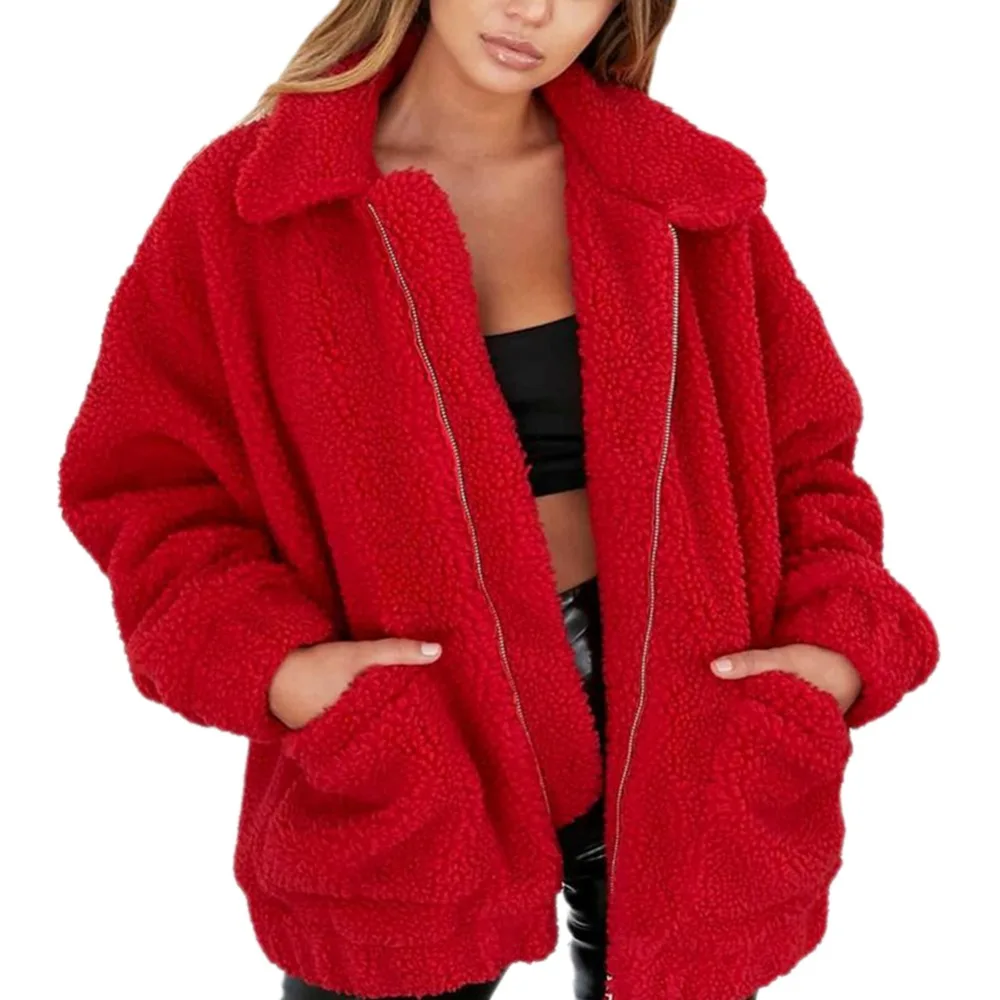 Prix Mode revers sweat polaire fourrure manteau 2019 femmes automne hiver chaud doux veste épaisse en peluche Zipper pardessus court