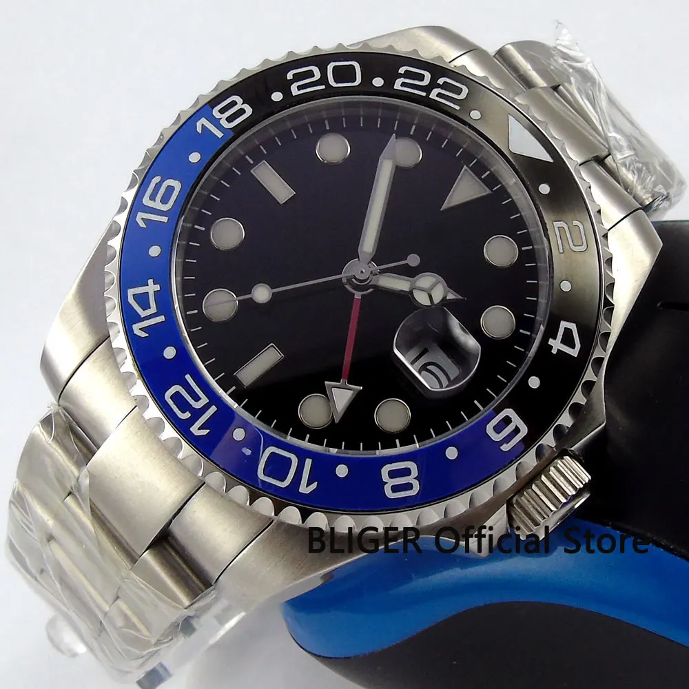Sapphire Crystal BLIGER 43MM Black Sterile Dial GMT Function Blue Black Ceramic Bezel Automatic Movement Men's Watch Luminous Sapphire Crystal BLIGER 43MM Black Sterile Dial GMT Function Blue Black Ceramic Bezel Automatic Movement Men's Watch Luminous