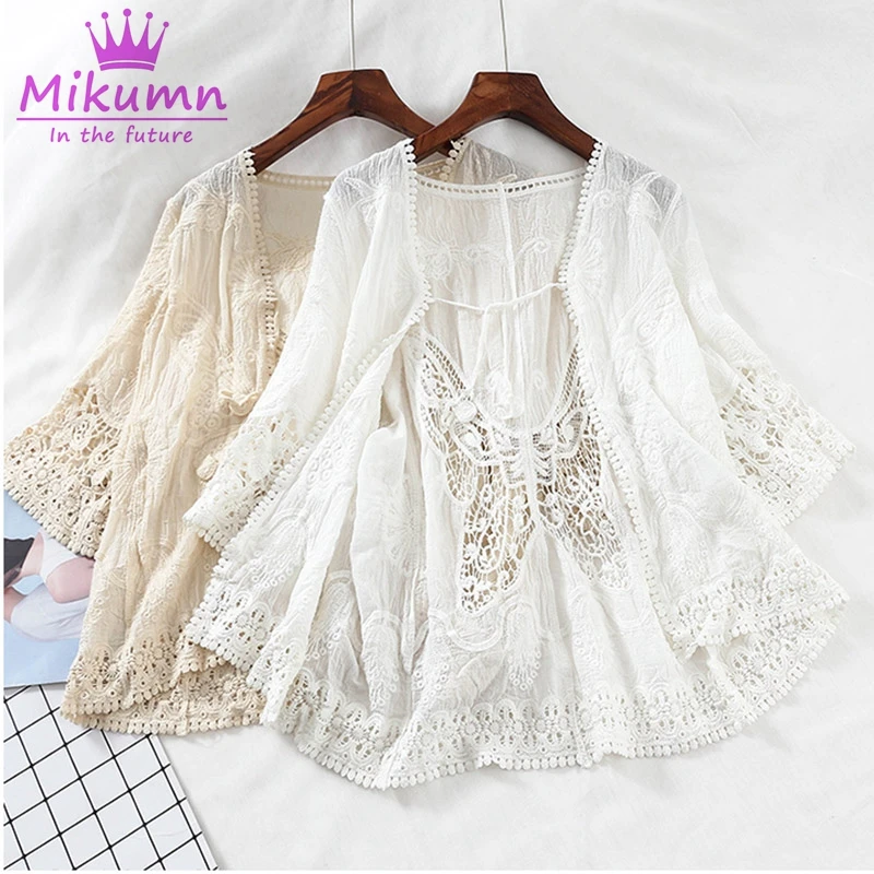 

Japanese Harajuku Kimono Cotton Hollow Out Embroidered Lace Blouse Women Sexy See Through Short Sleeve Cardigan Top Shirt Blusas