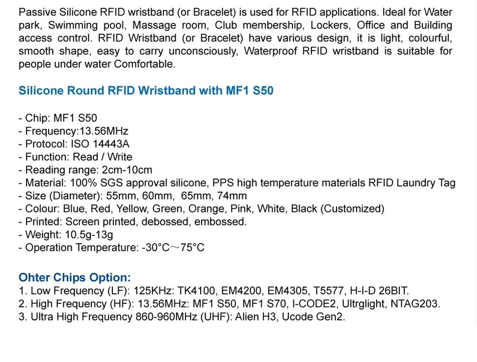 Силиконовые rfid-браслетов с MF1 S50, rfid браслет протокол: ISO 14443A частота 13.56 мГц, MF1 S50 чип