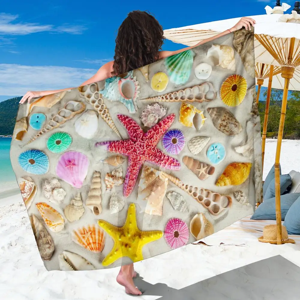 

Multicolor 3D Starfish Conch Large Beach Towel Summer Scarves Long Chiffon Scarf Shawl Bikini Beach Sarongs Plus Size 140x190cm