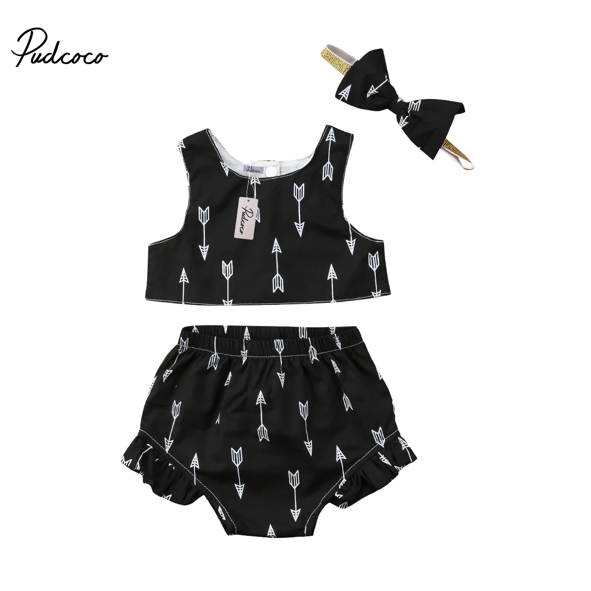 

2018 Brand New 2Pcs Newborn Toddler Infant Baby Girl Sleeveless Crop Tops Shorts Headband Outfits 3PCS Set Arrow Clothes Sunsuit