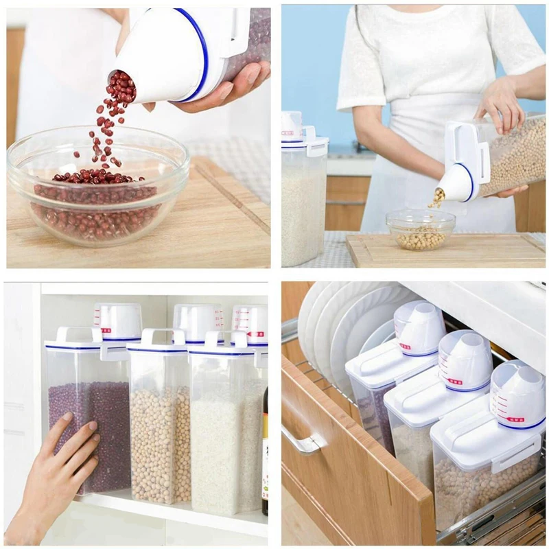 2KG Plastic Food Cereals Bean Rice Grain Storage Container With Measuring Cup Plastic Storage Container
