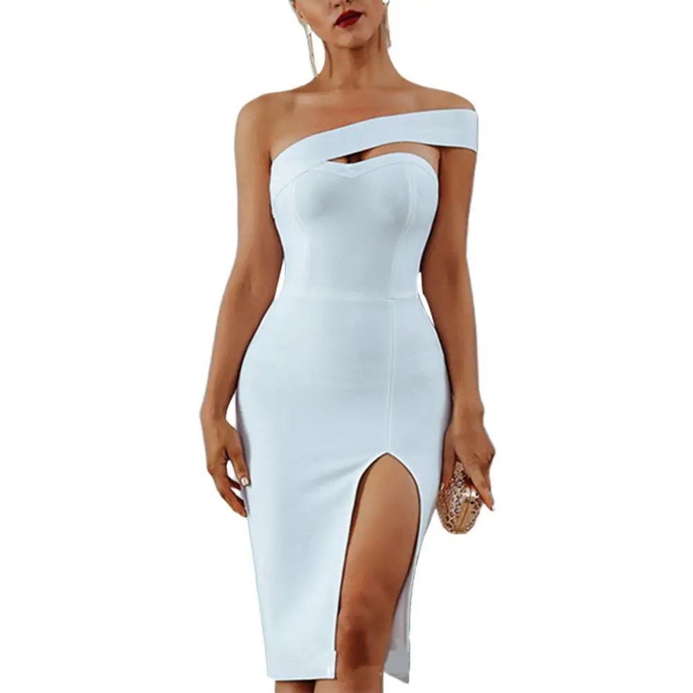 

Elegant Solid Color Women Summer Off Shoulder Side Slit Bodycon Midi Party Dress