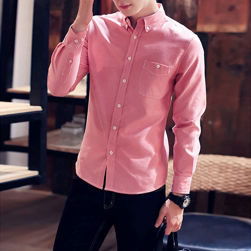 2017 Casual Men Shirt Long Sleeve 100% Cotton Pink Blue Black Oxford ...